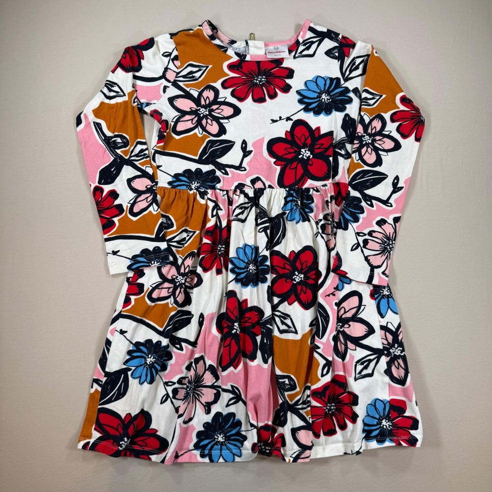 Hanna Andersson Girls Floral Long Sleeve Cotton Dress Size 150 Red Blue Pink